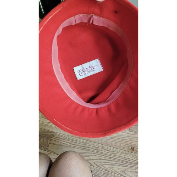 Vtg Christine Originals Park Ave NY Red Faux Fur Cloche Hat Feathers Sz S - Picture 7 of 10